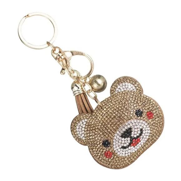 Bling Crystal Teddy Bear Face Tassel Keychain Bag Charm - Picture 1 of 2